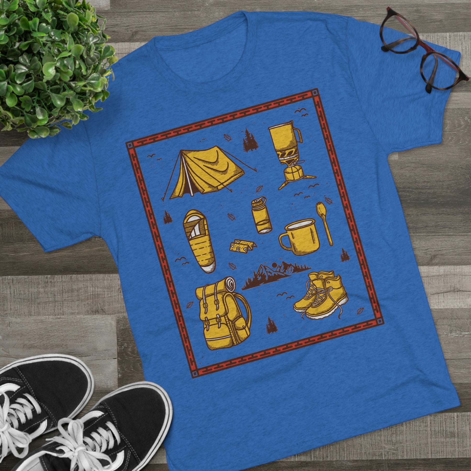 Backpacker's Essentials Backpacking Theme Items Kit Unisex Tri-Blend Crew Tee T Shirt