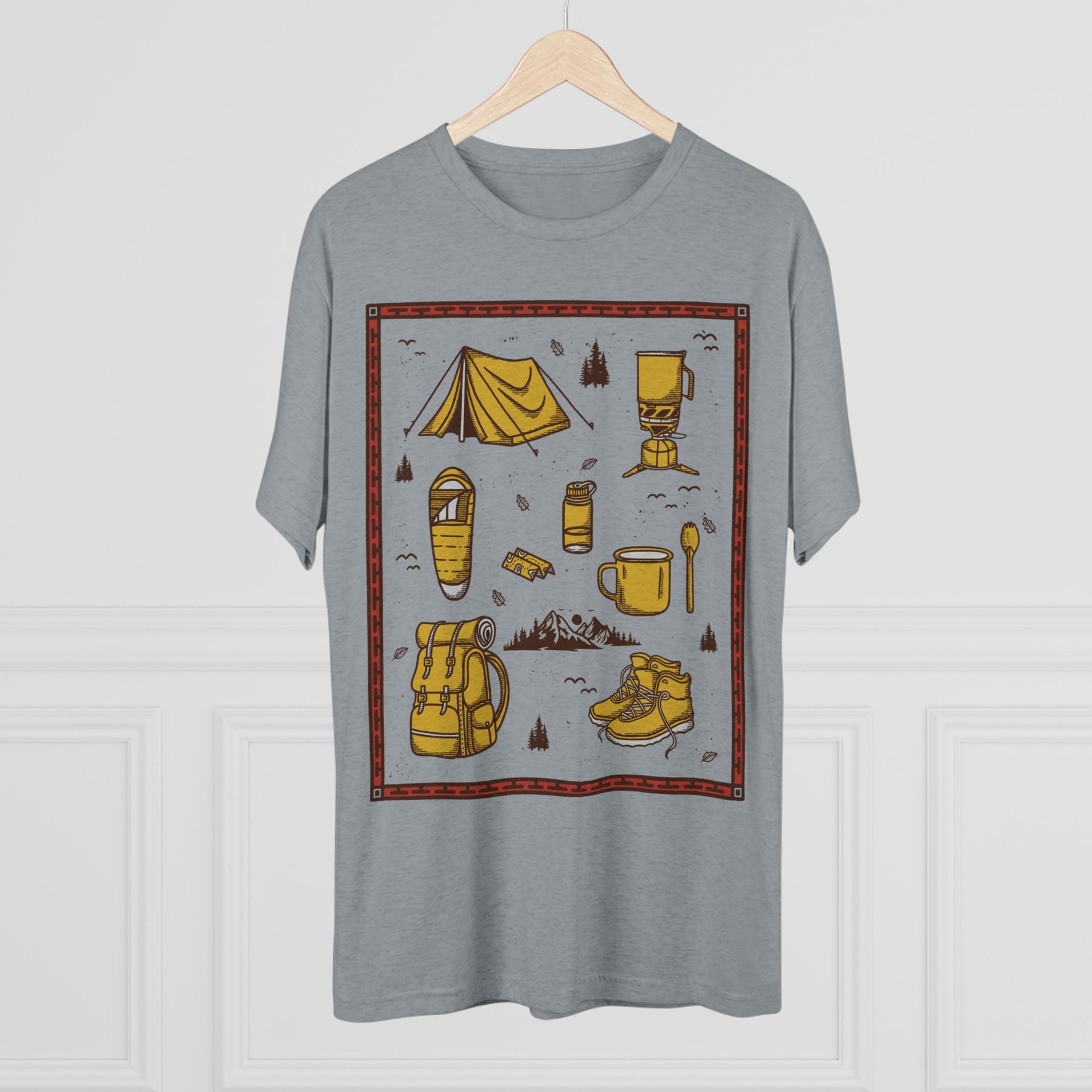 Backpacker's Essentials Backpacking Theme Items Kit Unisex Tri-Blend Crew Tee T Shirt