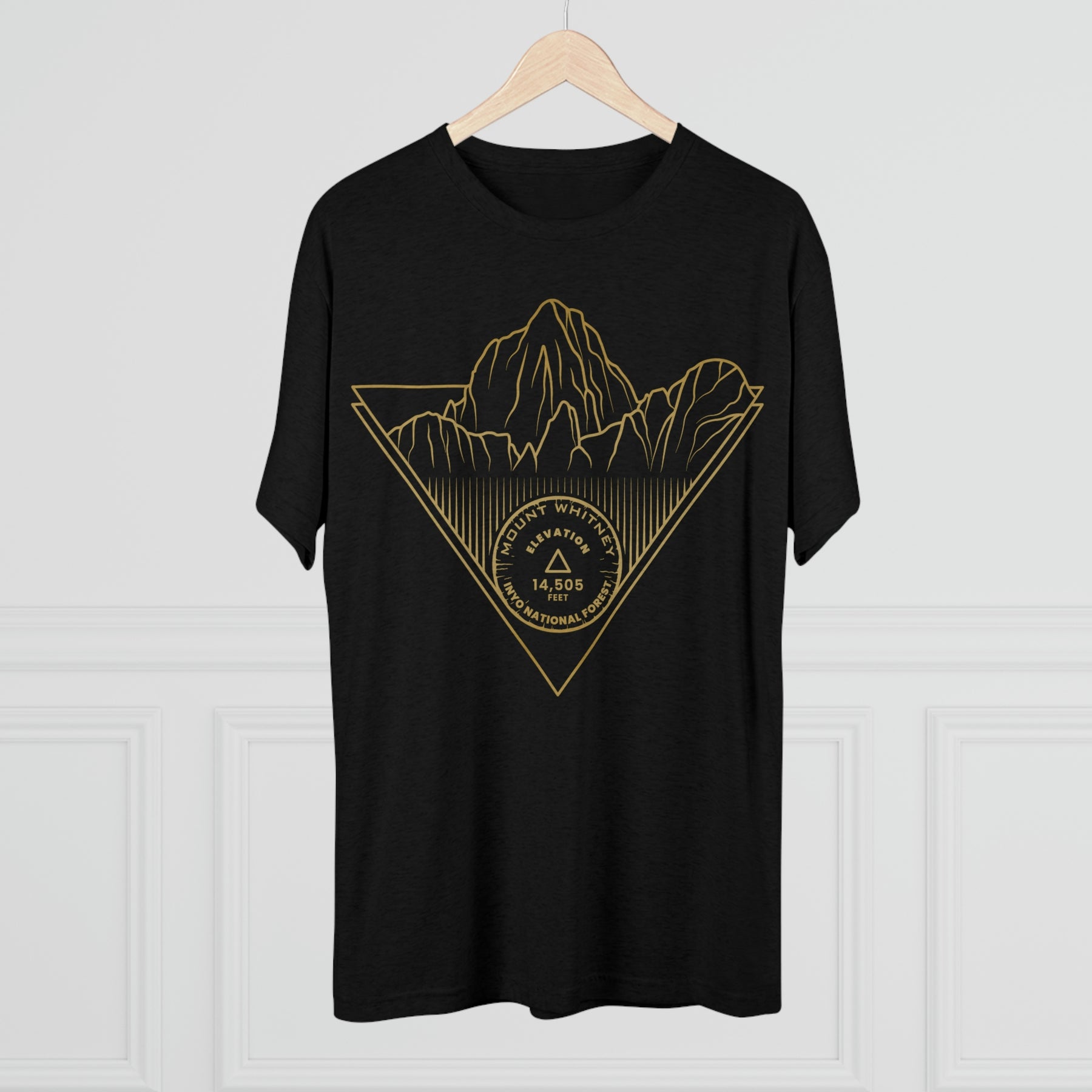Mount Whitney Peak Minimalist Line Art CA 14er Unisex Tri-Blend Crew Tee T Shirt Gold Black