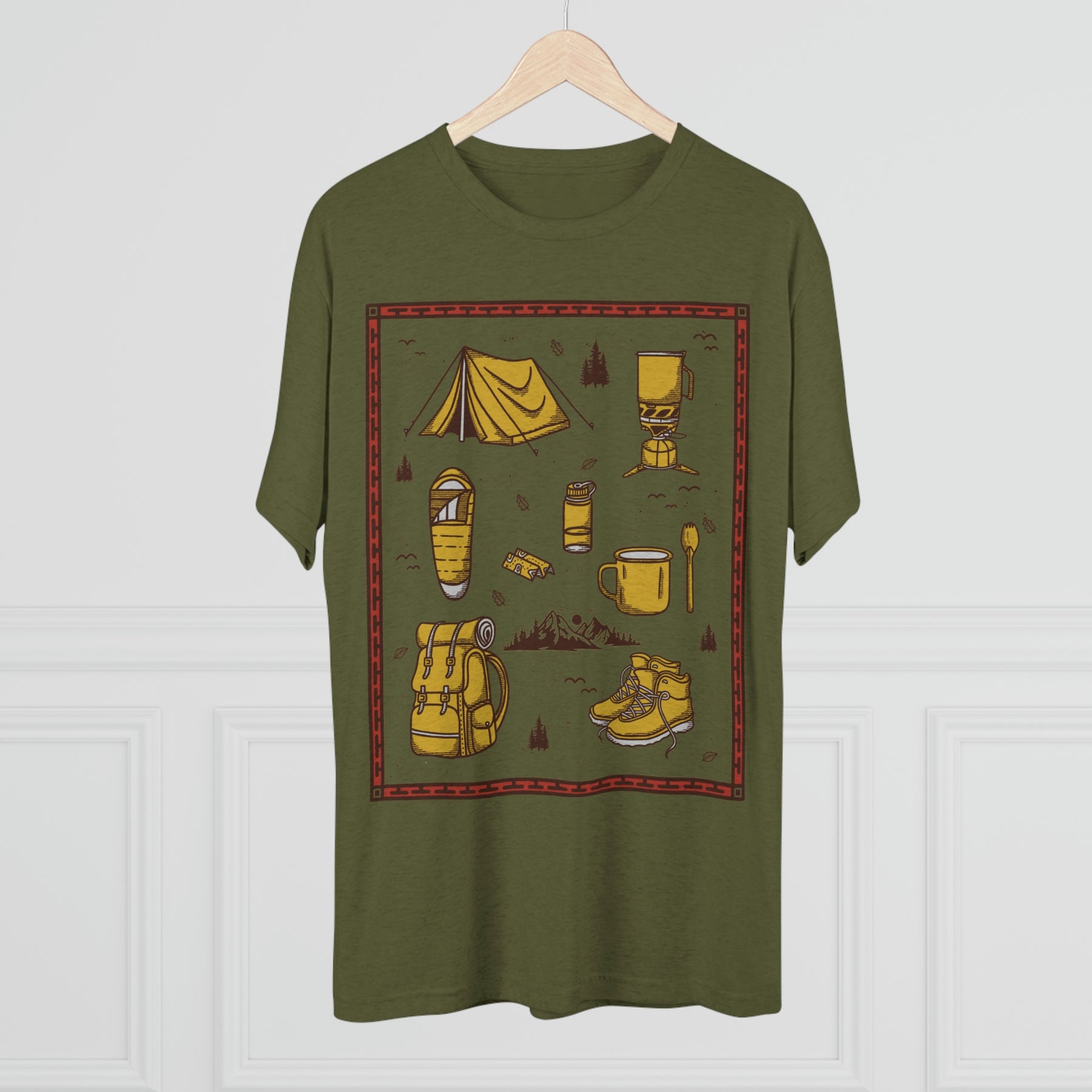 Backpacker's Essentials Backpacking Theme Items Kit Unisex Tri-Blend Crew Tee T Shirt