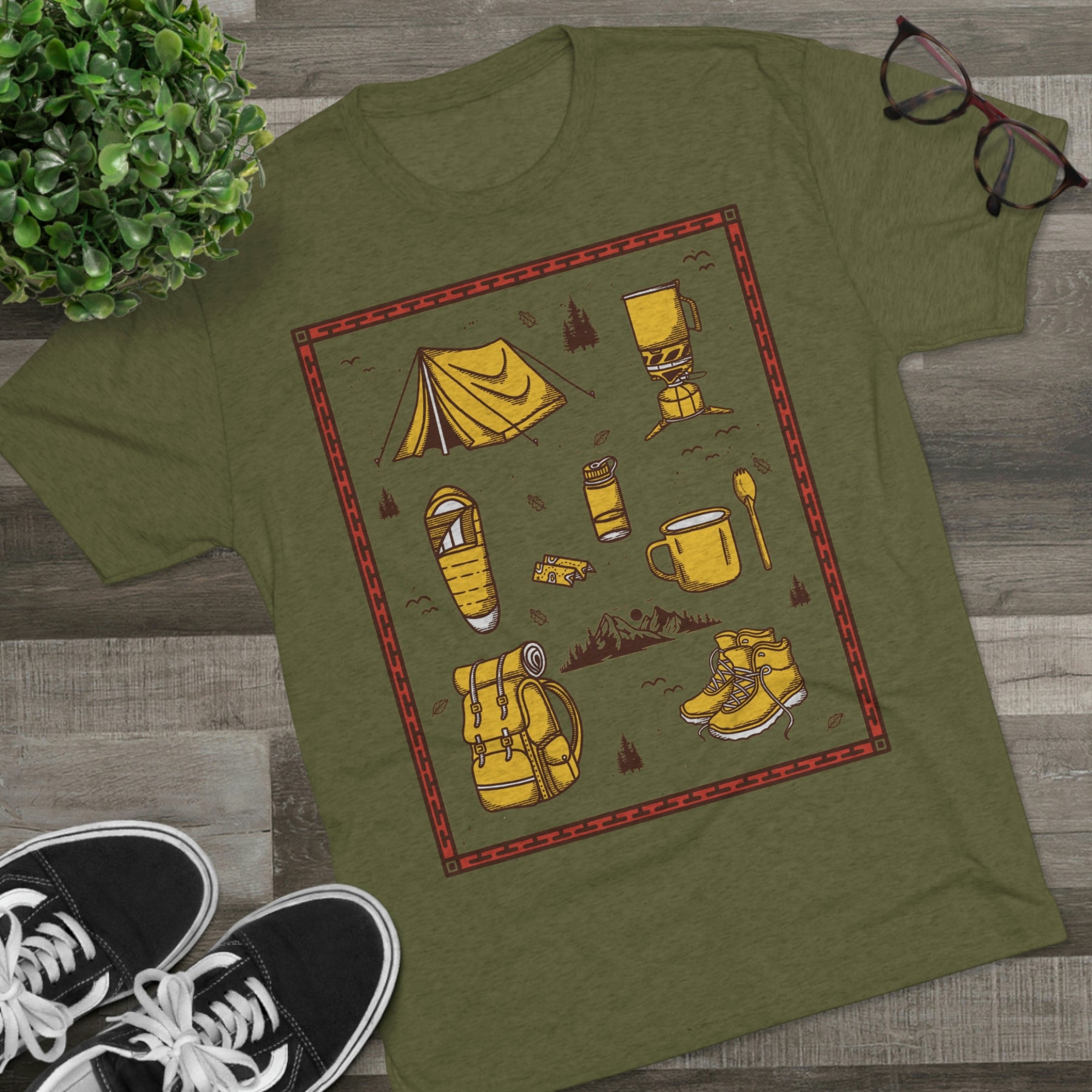 Backpacker's Essentials Backpacking Theme Items Kit Unisex Tri-Blend Crew Tee T Shirt
