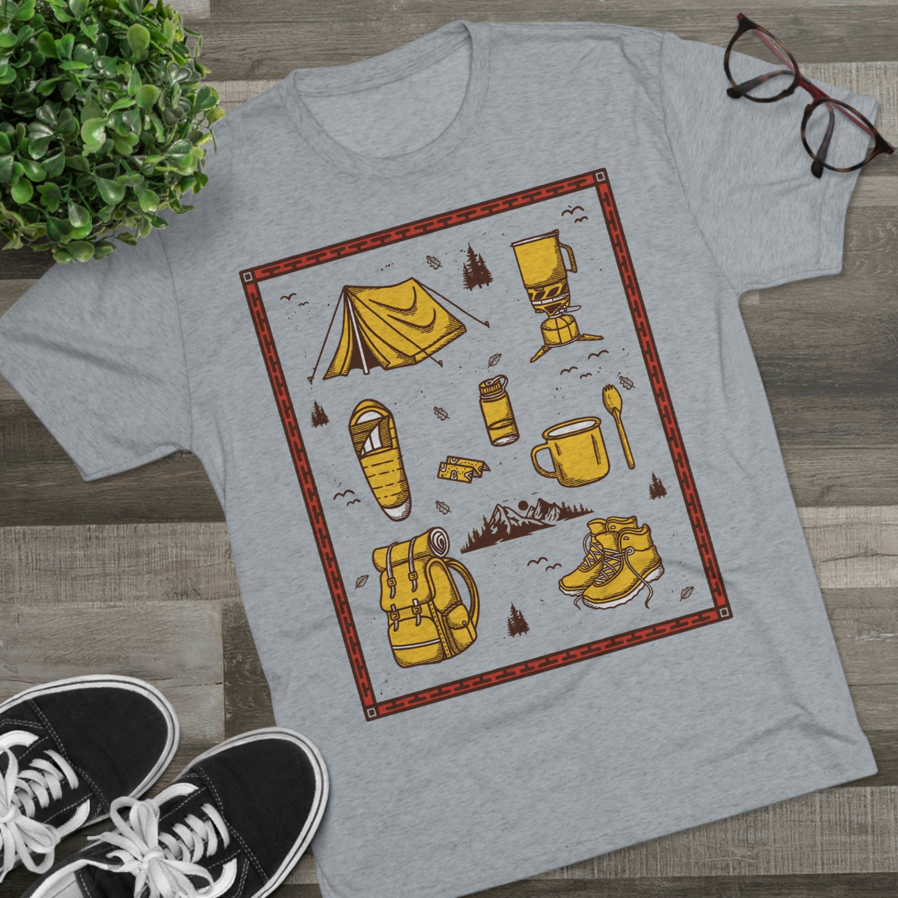 Backpacker's Essentials Backpacking Theme Items Kit Unisex Tri-Blend Crew Tee T Shirt