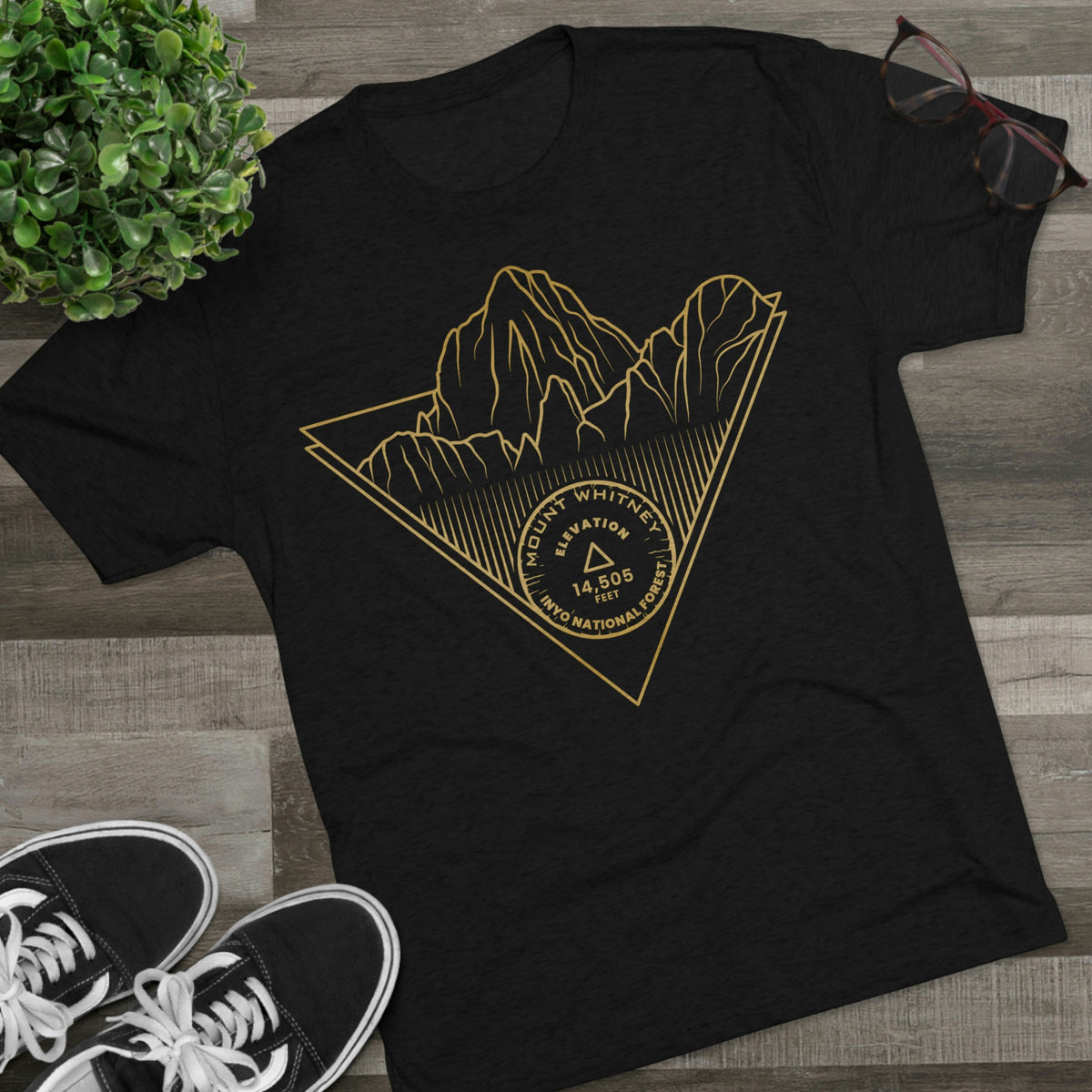 Mount Whitney Peak Minimalist Line Art CA 14er Unisex Tri-Blend Crew Tee T Shirt Gold Black