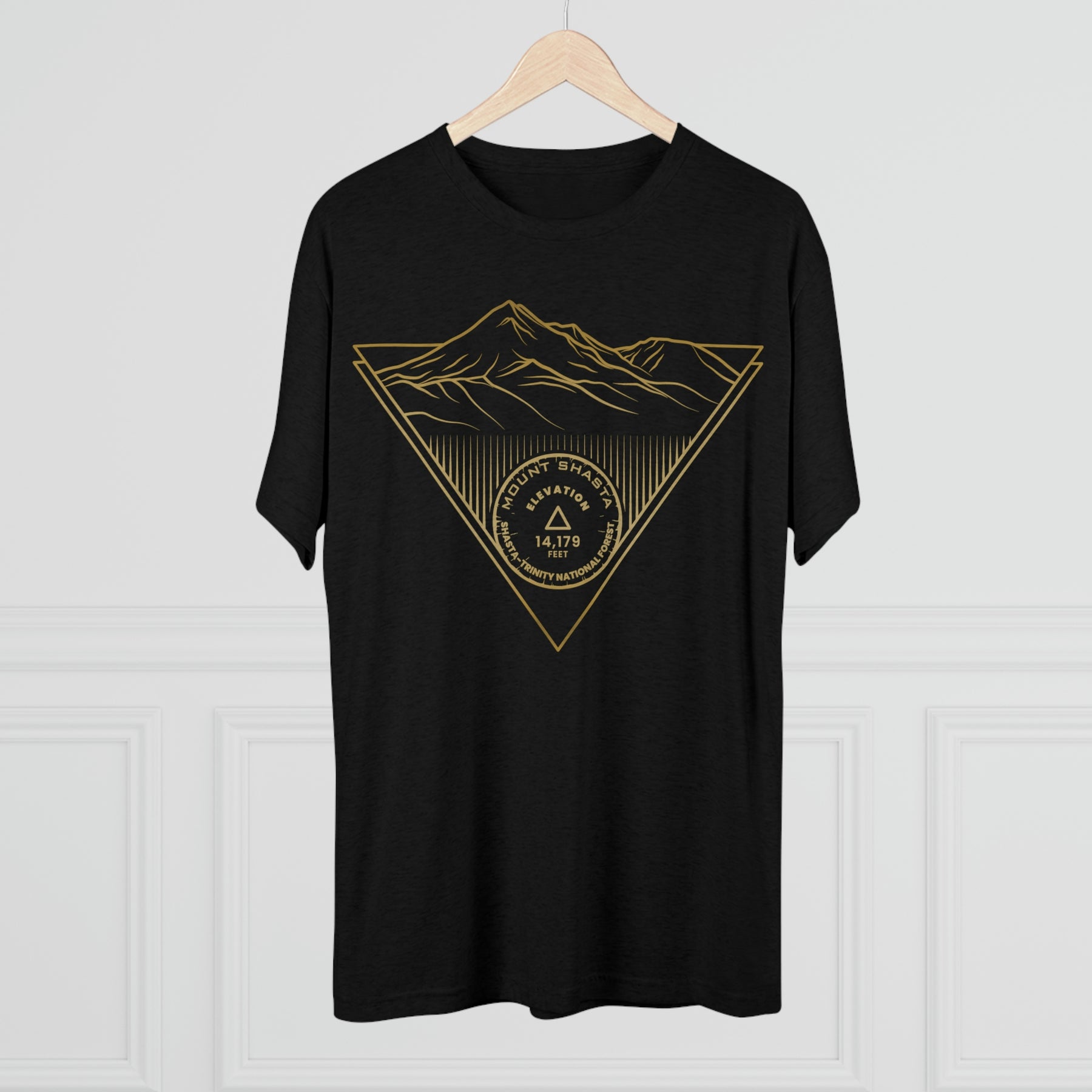 Mount Shasta Peak Minimalist Line Art CA 14er Unisex Tri-Blend Crew Tee T Shirt Gold Black