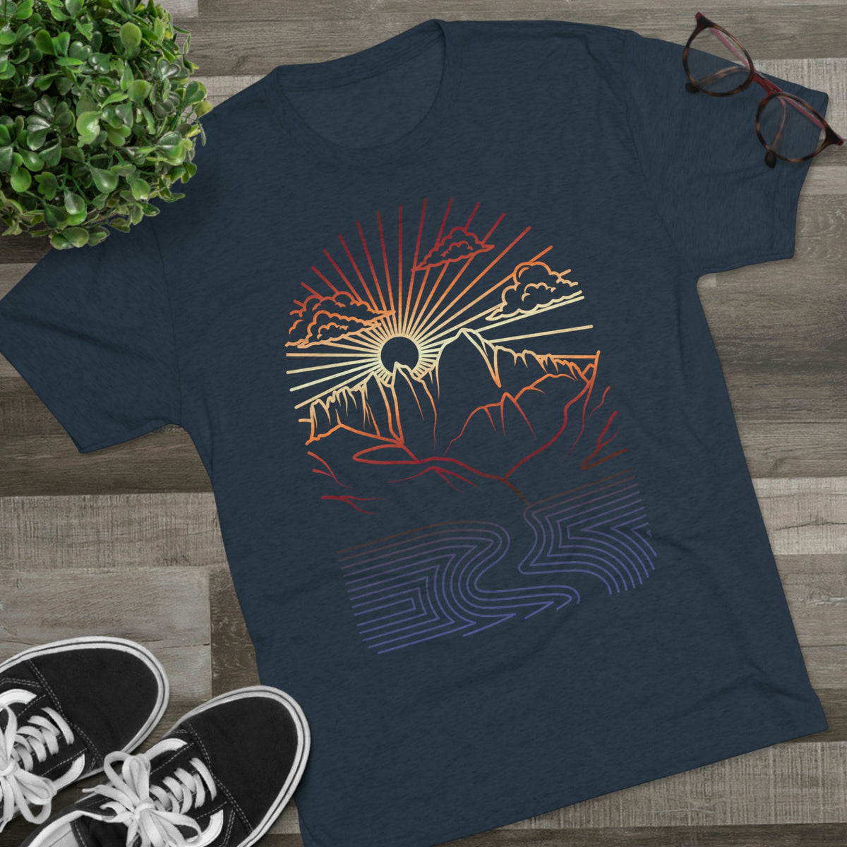 Sunset Mountain Portal Minimalist Line Art Unisex Tri-Blend Crew Tee T Shirt