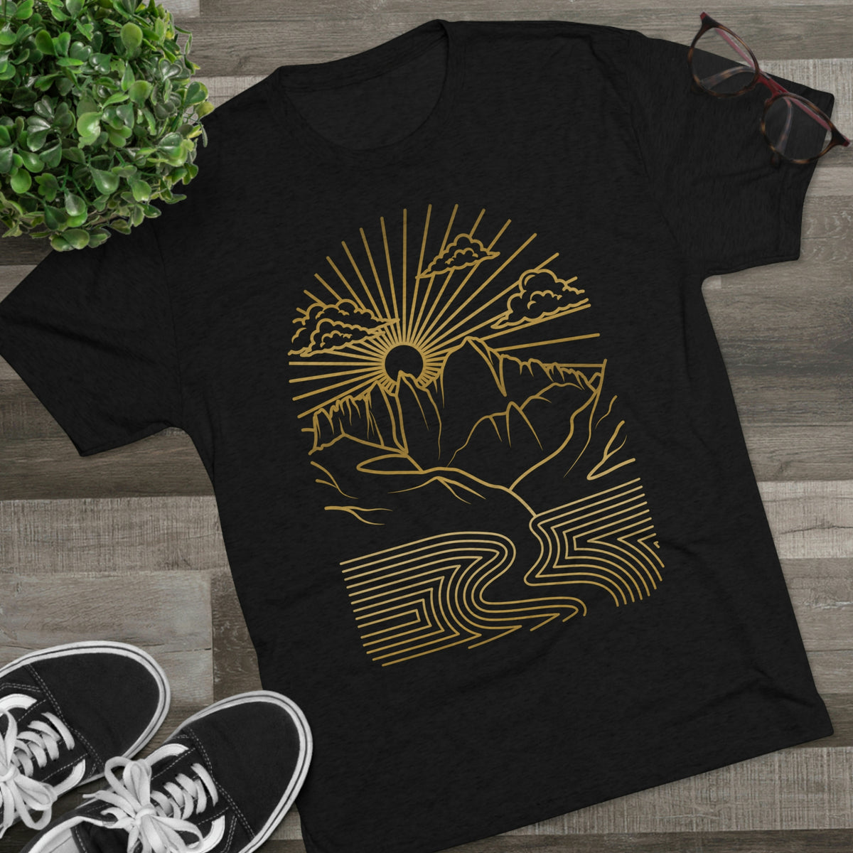 Golden Mountain Portal Minimalist Line Art Unisex Tri-Blend Crew Tee T Shirt