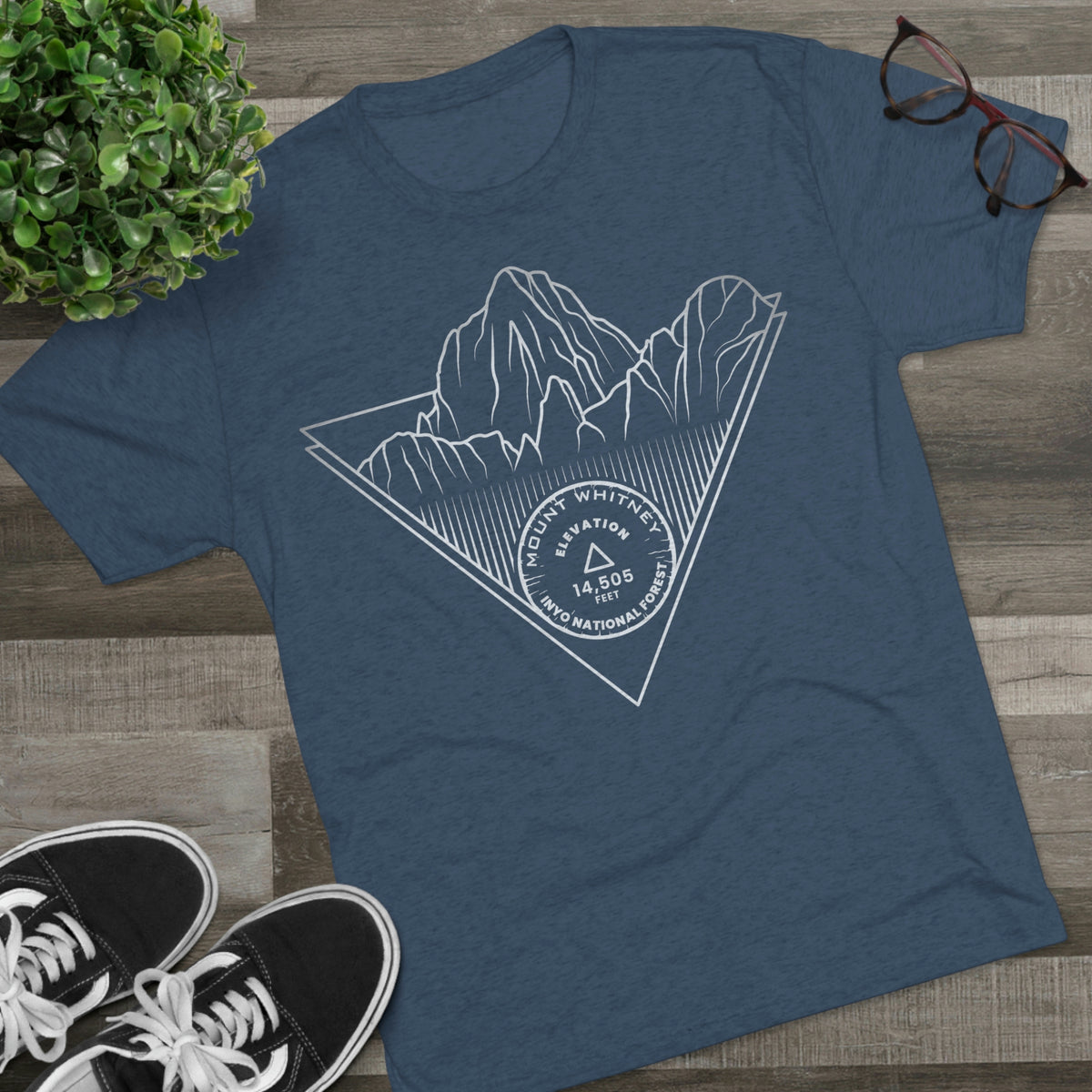 Mount Whitney Peak Minimalist Line Art CA 14er Unisex Tri-Blend Crew Tee T Shirt Silver Indigo