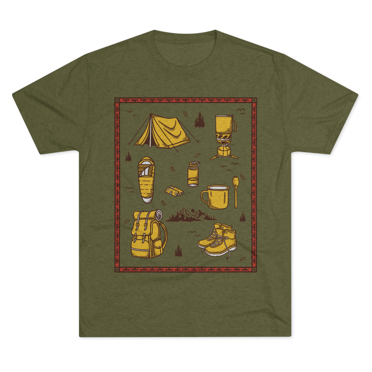 Backpacker's Essentials Backpacking Theme Items Kit Unisex Tri-Blend Crew Tee T Shirt